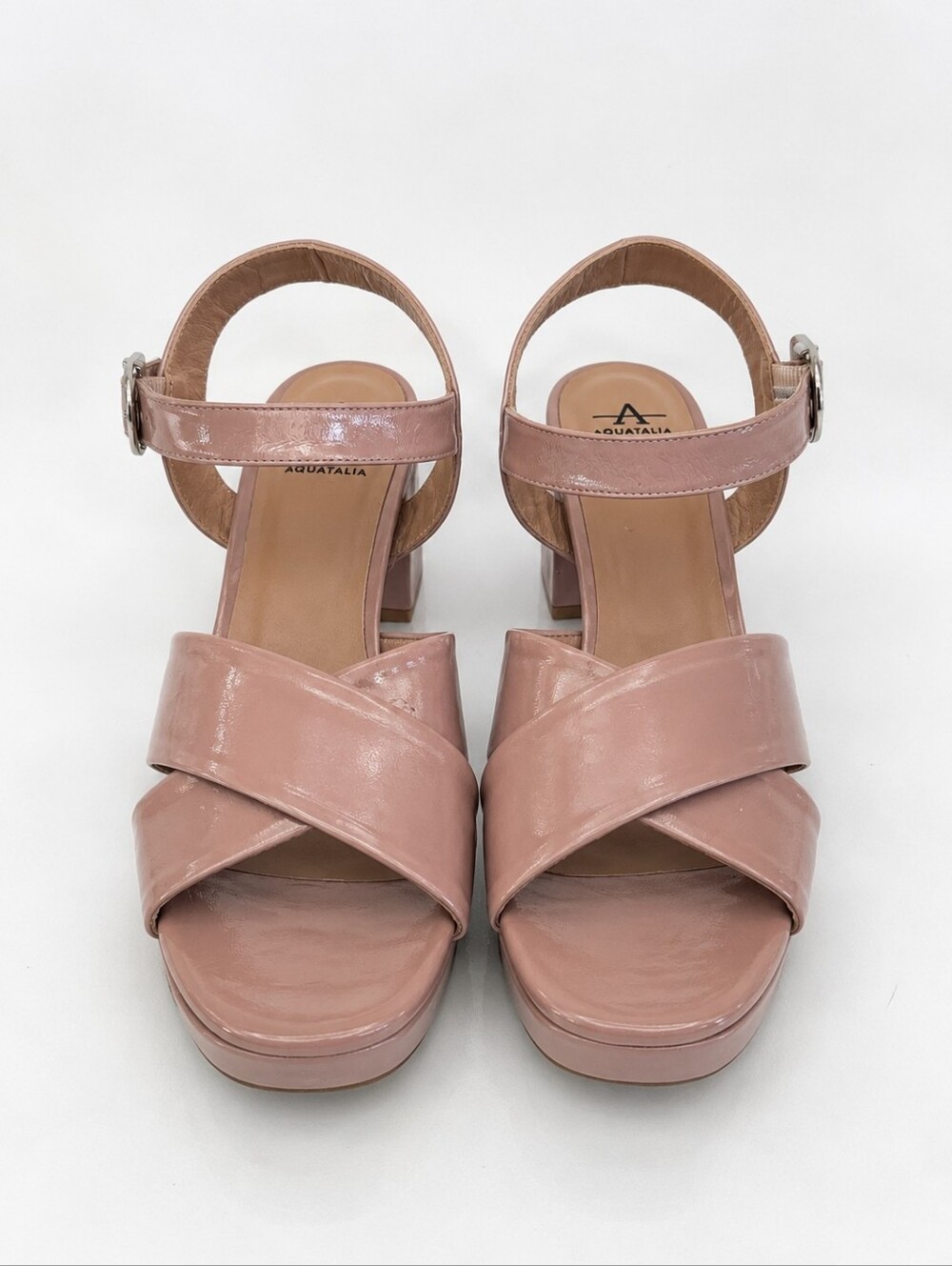 Aquatalia Pink Patent Leather Block Heel Sandals Made in Spain Size 8 NWOB - Picture 2 of 7